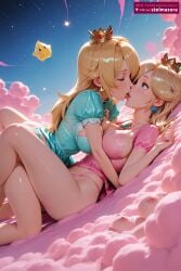 2girls ai_assisted ai_generated ass blonde_hair blue_eyes blush breast_press breasts closed_eyes cloud crown earrings female female_only french_kiss highleg jewelry kissing large_breasts lingerie long_hair lying mario_(series) multiple_girls nintendo nipples on_back panties peach pink_panties princess_peach princess_peach_(movie) princess_rosalina rosalina shooting_star sky star_\\\\\\\\(symbol\\\\\\\\) stelmazura super_mario_bros. thong tongue tongue_out underwear yuri