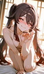 ai_generated blowjob_gesture breasts brown_hair genshin_impact hu_tao_(genshin_impact) on_bed red_eyes sexy sexy_pose small_breasts teasing teasing_viewer thick_legs thick_thighs
