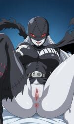 1girls ai_generated anus bed bodysuit breasts chains claws cleavage demon digimon digimon_adventure digimon_adventure_02 evil_smile female girlfemale gloves goth_girl ladydevimon leather_clothing legs_open long_hair looking masked nude nude_female only panties_aside pervert pussy red_eyes smug vagina voluptuous white white_hair