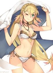 bare_arms bare_legs bare_midriff bikini blonde_hair blush breasts cleavage disrobe female fire_emblem fire_emblem_heroes gebyy-terar green_eyes long_hair midriff nintendo sharena_(fire_emblem) simple_background smile solo swimsuit thighs wink