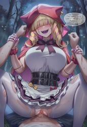 1boy 1girls ai_generated big_breasts chaperomon cloak clothing_aside cowgirl_position deep_penetration digimon digimon_(species) doll doll_girl doll_joints dominant_female dress english english_text evil_smile facing_viewer female female_penetrated femdom forced from_below hair_over_eyes large_breasts laughing looking_at_viewer looking_down male male/female male_penetrating male_pov male_rape_victim malesub nokani panties panties_aside pantyhose puppet pussy pussy_juice rape reverse_rape self_upload sharp_teeth smug submissive_male submissive_pov talking talking_to_viewer text thick_thighs threatening threatening_viewer torn_clothes torn_pantyhose vaginal_penetration vaginal_sex white_panties white_pantyhose wide_hips wrist_grab