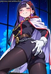 ai_generated anime artmochiia ass bangs belt big_breasts black_hair black_pantyhose black_shorts blunt_bangs blush breasts breasts_out cape chained_soldier chains colored_inner_hair curvaceous curvaceous_female curvaceous_figure curvy curvy_figure fanart female female_focus gloves hair_ornament indoors large_breasts long_hair long_sleeves looking_at_viewer mato_seihei_no_slave multicolored_hair pantyhose purple_eyes purple_hair ren_yamashiro shorts smile solo uniform voluptuous voluptuous_female white_gloves window yamashiro_ren
