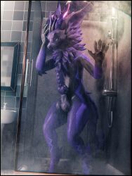 3d_(artwork) absurd_res after_hours after_sex animal_genitalia animal_penis anthro balls big_balls big_penis black_border blender_(artwork) border canine_genitalia canine_penis claws closed_eyes digital_media_(artwork) embarrassed erection fingers fur genitals hair headache hi_res knot lill_esp male nardoragon nude penis shower solo tail