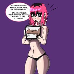 1girls black_lipstick black_nails black_panties black_penis crabla dick_pic female hiding_breasts humiliation light-skinned_female long_nails monologue no_sex panties piercing pink_hair solo text_bubble