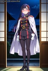 ai_generated anime artmochiia bangs belt big_breasts black_footwear black_hair black_pantyhose black_shorts blunt_bangs blush boots breasts breasts_out cape chained_soldier chains curvaceous curvaceous_female curvaceous_figure curvy curvy_figure earrings fanart female female_focus full_body gloves hair_ornament high_heel_boots high_heels large_breasts long_hair long_sleeves looking_at_viewer mato_seihei_no_slave military military_uniform night pantyhose purple_eyes purple_hair ren_yamashiro shorts sky sliding_doors solo standing uniform voluptuous voluptuous_female white_gloves yamashiro_ren