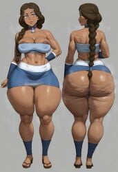 1girls ai_generated areolae ass avatar_the_last_airbender big_ass big_breasts breasts cellulite dark-skinned_female fat fat_ass fat_female femal_only female katara oiled sandals skirt solo strapless_top taiga20 thick thick_ass thick_thighs