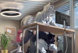 anal anal_sex anthro bleach_(nightswing) blush cawfulcrow chair clothing condom duo equid equine felid feline furniture hi_res horse looking_pleasured male male/male mammal nerez_(nightswing) office office_chair open_mouth penetration sexual_barrier_device unbuttoned_pants under_the_table