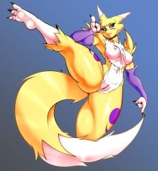 absurd_res anthro bandai_namco blue_background breasts digimon digimon_(species) female genitals hi_res nipples nude raised_leg randomgloves renamon simple_background solo vulva