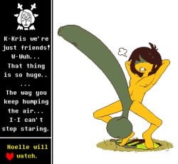 1boy 1girls arms_behind_head balls brown_hair choice completely_nude cyanu deltarune dialogue dialogue_box enby english_text exhibitionism huge_balls huge_cock humping_air hyper hyper_balls hyper_genitalia hyper_penis kris_(deltarune) kris_(light_world_form) naked noelle_holiday nude part_3 penis small_but_hung snowgrave solo speech spread_legs tagme undertale_(series) undressed weird_route yellow_body