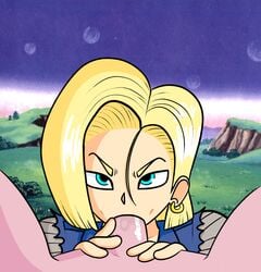 1girls android_18 angry blonde_hair blue_eyes clothed_female_nude_male dragon_ball dragon_ball_z earring fellatio female looking_at_viewer male penis pov saliva straight super_jumbo