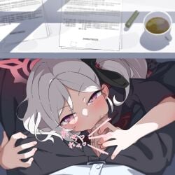 1boy absurdres assertive_female bar_censor blue_archive blush censored cheek_bulge commentary cup desk eye_contact fellatio female from_above gehenna_academy_student hair_ornament hair_scrunchie halo heart highres hug_and_suck hugging_another's_leg looking_at_viewer male mug mutsuki_(blue_archive) open_fly oral paid_reward_available paper penis penis_out pink_eyes pov pov_crotch problem_solver_68_(blue_archive) rarigo scrunchie side_ponytail solo_focus sound_effects straight teacher_and_student under_desk under_the_table unprofessional_behavior white_hair young