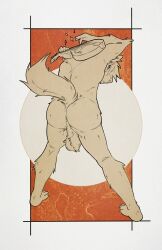 2026 acacia_(wolfscented) anthro anus backsack balls big_balls butt canid canine canis digital_drawing_(artwork) digital_media_(artwork) ear_piercing english_description fluffy fluffy_balls fluffy_hair gauged_ear genitals hair hands_behind_back hi_res holding_mandolin holding_object holding_string_instrument humanoid_hands looking_at_viewer lute male mammal mandolin musical_instrument piercing playing_mandolin playing_music plucked_string_instrument solo sparkles standing string_instrument tail wolf wolfscented