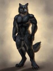 anatomically_correct anatomically_correct_penis animal_genitalia animal_penis anthro balls black_claws black_fur black_nose bulge canine canine_penis claw_marks claws dewclaw digitigrade fully_sheathed fur half-erect humanoid_hands knot knot_in_sheath looking_at_viewer male male_only mammal muscular nude owlette penis penis_outline penis_shaped_bulge pinup pose sheath simple_background solo standing wolf yellow_eyes