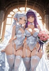 2girls ai_generated big_ass big_booty big_breasts big_butt big_thighs curvy cute elf elf_ears fern_(sousou_no_frieren) flower frieren frieren_beyond_journey's_end green_eyes hot huge_ass huge_booty huge_breasts huge_butt huge_thighs miyuai purple_eyes purple_hair sexy sexy_body sexy_female small_breasts sousou_no_frieren thick thick_ass thick_body thick_butt thick_legs thick_thighs wedding wedding_dress wedding_lingerie white_hair
