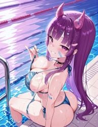 1girls ai_generated big_breasts bikini collar fogine horns indie_virtual_youtuber kottyvt light_skin light_skinned_female looking_at_viewer nipples nude nude_female pool purple_eyes purple_hair virtual_youtuber vtuber