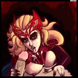 scarlet_witch marvel_rivals marvel_rivals_style wanda_maximoff blowjob_face pov eye_contact toungue_out tounge_on_cock cum_in_mouth marvel red_eyes orange_hair crown white_skin tits_out floating_penis handjob chicofondo colored_sketch sketch