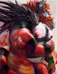 1boy 2017 anthro areolae barazoku belly black_fur body_hair chest_hair chubby digital_media_(artwork) fangs feline fur furry hair happy_trail hi_res huge_penis humanoid_penis incineroar male male_only mammal multicolored_fur muscular muscular_male nintendo nipples nude pecs penis pokémon_(species) pokemon pokemon_sm pubic_hair red_fur simple_background slightly_chubby solo standing stripes tail teeth unc_p video_games white_fur yellow_sclera