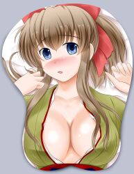 big_breasts blue_eyes blush brown_hair cleavage female female_only frame hair_ribbon japanese_clothes kimono light_brown_hair long_hair looking_at_viewer mousepad no_bra odoriji ponytail solo tetsudou_musume upper_body yagisawa_mai