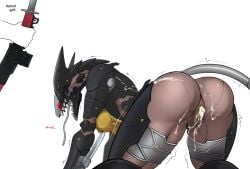 all_fours anthro anthrofied blade_wolf bodily_fluids breath cum cum_drip cum_in_vagina cum_inside dagger dripping duo female fucked_silly genital_fluids hi_res humanoid katana konami long_tongue machine male male/female melee_weapon metal_gear metal_gear_rising:_revengeance mtf_crossgender open_mouth panting platinumgames red_eyes robot robot_anthro rule_63 sheathed_weapon simple_background spacemaxmarine sword tail tan_body tongue tongue_out weapon white_background