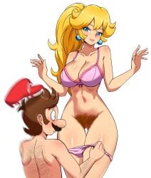 1boy 1girls arm_hair back_hair belly belly_button big_nose blonde-haired_female blonde_female blonde_hair blonde_hair_female blue_earrings blue_eyes blush blush_lines blushing_male bra breasts earrings female female_pubic_hair hairy_pussy hat light-skinned_female light-skinned_male light_skin light_skinned male male/female mario mario_(series) mario_bros moustache nintendo open_mouth panties partially_clothed partially_nude princess_peach pubic_hair pulling_down_panties sexy shocked shocked_expression shocked_face shocked_male smile smirking super_mario_bros. tagme very_hairy_pussy zuchysdraws