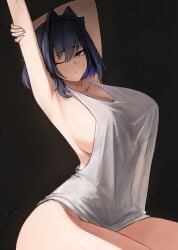 1girl absurdres alternate_costume arms_up black_background black_hair blue_eyes breasts closed_mouth commentary hair_intakes highres hololive hololive_english huge_breasts one_eye_closed ouro_kronii solo stretching tank_top virtual_youtuber white_tank_top