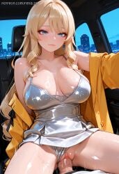 1boy ai_generated bangs bare_shoulders black_panties blonde_hair blue_eyes blush breasts car_interior cleavage clitoris closed_mouth clothed_sex clothing_aside collarbone cowgirl_position dress earrings female genshin_impact grey_panties jacket jewelry large_breasts long_hair looking_at_viewer navia_(genshin_impact) off_shoulder panties panties_aside penis pov pussy sex shiny shiny_skin shorts smile solo_focus spread_legs straddling straight sweat thighs uncensored underwear vaginal_penetration white_dress yellow_coat yellow_jacket