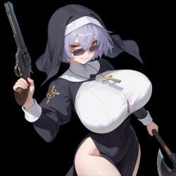 ai_assisted ai_generated axe battle_axe covered_nipples girls'_frontline huge_breasts kao140522 looking_over_eyewear looking_over_sunglasses nun purple_hair red_eyes revolver side_slit sunglasses thompson_(girls'_frontline) tinted_eyewear wide_hips