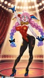 :d ahoge ai_generated aqua_eyes arm_up bangs bare_shoulders black_bow black_pantyhose blue_eyes blue_footwear blue_gloves blue_hair blush bow braid breasts clown clown_girl colored_skin confetti contrapposto covered_navel covered_nipples curtains female female_only full_body gloves gradient_hair green_eyes hair_between_eyes hairbow hat high_heels highleg highleg_leotard impossible_clothes jester_cap large_breasts leotard long_hair looking_at_viewer multicolored_hair oerba_yun_fang open_mouth original_character pantyhose patreon patreon_username pink_hair print_legwear purple_hair red_leotard shoes smile solo spotlight stage standing star_(symbol) star_print teeth twin_braids twintails two-tone_hair upper_teeth_only very_long_hair watermark wienergens