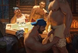 2026 4boys backwards_baseball_cap balls bara bear_(body_type) beard beer belly big_penis body_hair brown_hair bystander cabin card celery_man6 celeryman chest_hair chubby clothes cock detailed_background dick feet_out_of_frame fireplace fireplace_poker foreskin gay hairy hairy_chest heart_underwear holding_phone indoors male male_only multiple_boys multiple_males muscles muscular penis poker_table pubes pubic_hair scrotum shorts smile smiling snowing snowing_outside standing strip strip_poker stripped stubble table tank_top tattoo testicles toque underwear underwear_pull yaoi