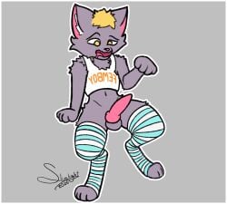 anthro aroused balls bent_legs blonde_hair blue_clothing blue_footwear blue_socks clothing dark_body dark_fur digitigrade domestic_cat felid feline felis femboy femboy_hooters fluffy fluffy_chest footwear fur genitals hair hi_res hip_markings leg_markings legwear male male/male mammal markings pattern_clothing pattern_footwear pattern_legwear pattern_socks paws penis pointy_ears pose posing_nude purple_body purple_fur seductive slimlight93 socks solo striped_clothing striped_footwear striped_socks stripes yellow_eyes