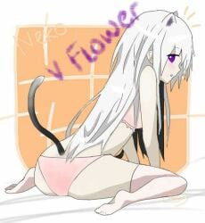 1girls arched_back blush cat_ears cat_tail female hair_down long_hair neko pink_bra pink_panties pink_socks pink_underwear purple_eyes side_view sitting thigh_socks thighhighs two-tone_hair underwear_only v_flower vocaloid vocaloid_3 white_hair