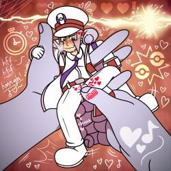 1boy ambiguous_gender big_hands blushing blushing_male cartoon cartoony clothed competition conductor consent crotch_rub defiant_sub emmet_(pokemon) extreme_size_difference fingers fondling giant hands heart heart-shaped_pupils larger_ambiguous macro macro_on_micro male male_focus micro micro_on_macro miniboy motion_lines nintendo orgasm_denial pokemon restrained shaking shuddering size_difference smaller_male subway_boss subway_master teasing teasing_penis text text_version tie timer toony trapped uniform wobbly_mouth