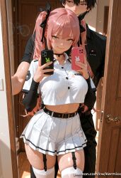 1boy ai_generated bangs belt black_choker black_hair blush breasts cellphone choker crop_top crop_top_overhang female garter_straps green_eyes hair_ribbon holding holding_phone kermixx large_breasts long_hair looking_at_viewer midriff mirror mole mole_under_eye nicole_demara phone pink_hair pleated_skirt ribbon selfie shirt short_sleeves skindentation skirt smartphone smile straight thighhighs twintails white_shirt white_skirt yellow_eyes zenless_zone_zero