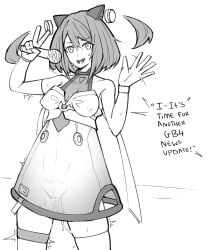 1girls body_writing bottomless bottomless_female cum cum_drip cum_dripping_out_of_pussy cum_in_pussy cum_inside cum_running_down_leg dumb_witch exhibitionism exposed_pussy free_use gundam gundam_breaker_4 monochrome nipples nipples_visible_through_clothing pussy reco_(gundam_breaker_4) see-through see-through_clothing see-through_skirt solo tally_marks thighhighs translucent transparent_clothing twintails