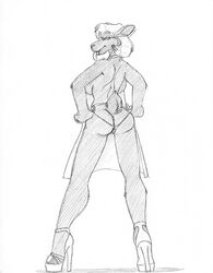 2018 anthro apron ass back_boob big_breasts breasts cervine clothing female footwear fortisimoose greyscale hair hands_on_hips high_heels looking_at_viewer looking_back mammal monochrome moose pussy rear_view shoes short_hair simple_background sketch solo standing thong tongue tongue_out wolfkidd