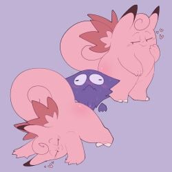 1:1 2026 all_fours ambiguous_gender ariarik_o0 ass balls bedroom_eyes biped blush blush_lines bodily_fluids body_blush butt_blush clefable derp_eyes digital_drawing_(artwork) digital_media_(artwork) english_description feral flaccid floating_hands fur generation_1_pokemon genitals grey_background group haunter head_tuft hi_res imminent_sex looking_at_another looking_at_partner male narrowed_eyes nervous nintendo penis pink_body pink_butt pink_fur pokemon pokemon_(species) presenting presenting_hindquarters purple_balls purple_body purple_fur purple_penis seductive simple_background size_difference sweat sweatdrop tail trio tuft