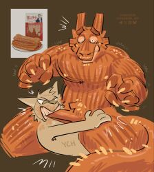 animate_inanimate anthro bite canid canine canis claws cvinodor duo facial_hair fellatio food food_creature fur genitals head_tuft hi_res male male/male mammal nude oral penetration penile penile_penetration penis penis_bite pubes sex shaking sitting sitting_on_another size_difference spread_legs spreading tail teeth tuft wolf worried
