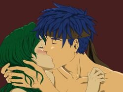 1boy 1boy1girl 1girls blue_hair blush closed_eyes elincia_ridell_crimea fire_emblem fire_emblem:_path_of_radiance fire_emblem:_radiant_dawn green_hair hand_on_head ike_(fire_emblem) kissing naked nataly nataly_(artist) nintendo passionate_kiss romantic straight wholesome
