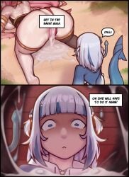 2026 2d_(artwork) 2girls anal_pov anus_pov dliwarr excessive_cum fish_eye_view forced frown gawr_gura high_resolution hololive hololive_english mori_calliope pink_hair questionable_consent shadowed_eyes shark_tail shocked trident virtual_youtuber white_hair
