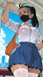 ahoge ai_generated arm_up artist_name backpack bag black_hair blue_skirt blue_sky blush breasts brown_eyes bulge bus button_gap cleavage cloud collared_shirt cowboy_shot dark-skinned_female dark_skin day dress_shirt earrings erection erection_under_clothes female freckles futanari green_hair ground_vehicle hair_pulled_back hand_up handbag high-waist_skirt jewelry large_breasts long_hair long_sleeves looking_away looking_to_the_side mask miniskirt mouth_mask multicolored_hair nemona_(pokemon) nintendo no_bra orange_eyes outdoors partially_unbuttoned patreon patreon_logo patreon_username penis pleated_skirt pokemon pokemon_sv pokemon_trainer ponytail precum school_bag school_uniform see-through shirt shirt_tucked_in short_sleeves shoulder_bag skindentation skirt sky sleeves_rolled_up solo standing streaked_hair surgical_mask sweat tented_shirt thick_thighs thighhighs thighs train train_interior two-tone_hair watermark web_address white_shirt white_thighhighs wienergens window yellow_eyes zettai_ryouiki