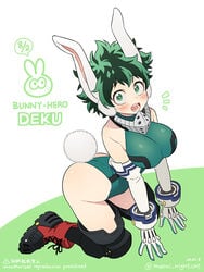 1girls animal_ears big_breasts bunny_ears bunny_girl bunny_tail easter female female_deku female_only female_solo genderswap_(mtf) green_hair izuku_midoriya kneeling large_breasts leotard long_ears looking_at_viewer my_hero_academia rabbit_ears rabbit_girl rabbit_tail rule_63 solo solo_female solo_focus tight_clothing