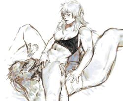1boy animal_head annas_anya aroused blush breasts caiman_(dorohedoro) camisole commentary cunnilingus dorohedoro english_commentary female greyscale head_spikes highres large_breasts lizardman monochrome nikaidou_(dorohedoro) nipples one_breast_out oral penis pussy reptile_boy sharp_teeth spread_legs teeth