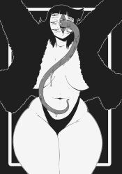 1girls 6_eyes big_breasts blush blush_lines fur_coat gps-device huge_breasts looking_at_viewer original original_character sharp_teeth tongue tongue_out