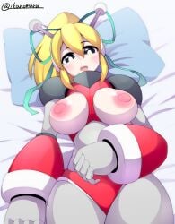 :d aged_up android angry antennae arm_behind_back arm_up armor armored_boots arms_up bikini bikini_armor black_gorget blonde_hair blue_background blue_eyes blush bodysuit boots breastplate breasts censored clenched_hands closed_mouth commentary_request covered_navel cowboy_shot earphones female fighting_stance gorget green_eyes green_ribbons grey_bodysuit groin hair_between_eyes hair_ribbon hairband hand_on_own_stomach headphones high_ponytail hyper_roll_(marvel_vs._capcom) ikanomaru joints knee_boots knee_pads large_breasts long_hair looking_at_viewer looking_down lying marvel_vs._capcom marvel_vs._capcom_2 mechanical_arms mechanical_legs mega_man_(classic) mega_man_(series) metal_gloves nipples on_back on_bed open_mouth pillow ponytail radio_antenna red_armor red_bikini red_eyes ribbon robot robot_girl robot_joints roll roll_(mega_man) shoulder_armor sidelocks simple_background smile solo swimsuit teeth upper_teeth_only white_background
