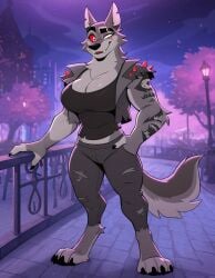 1girls ai_generated anthro beautiful big_breasts blind_eye breasts canid canine canis cattorihanzo clothed clothing demon demon_girl deviantart ears eyebrow_slits female female_vortex furry genderswap genderswap_(mtf) grey_body grey_fur hand_in_pocket hand_on_railing hellhound helluva_boss looking_at_viewer muscular muscular_female mythological_canine mythological_creature mythology notched_ear open_mouth open_smile outdoors outside pants photoshop railing red_sclera ripped_clothing ripped_pants rule_63 scar scar_across_eye sexy shirt smile smiling smiling_at_viewer stable_diffusion standing tail torn_clothes torn_pants two-tone_body two-tone_fur two-tone_tail vest vivienne_medrano vivziepop vortex_(helluva_boss) white_eye white_eyes white_sclera wolf wolf_girl