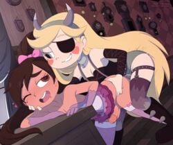 1boy 1girls androgynous blonde_hair brown_hair canon_crossdressing crossdressing erection female femboy femdom from_behind girly happy_sex latina male malesub marco_diaz merunyaa pegging penis penis_under_dress princess_marco sex star_butterfly star_vs_the_forces_of_evil strap-on thighhighs trap uncensored wink