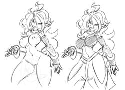 1girls 2010s android_21 black_sclera breasts curvy dahs dark_persona dragon_ball dragon_ball_fighterz drawn female highres humanoid large_breasts long_hair looking_at_viewer majin majin_android_21 monochrome nail_polish nipples pointy_ears sketch smile standing strapless tail tubetop white_hair