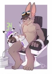absurd_res anthro baccarat_(anothereidos_r) balls bodily_fluids bondage bound chair chair_bondage cum furniture genital_fluids genitals hi_res lagomorph machine male mammal milking_machine nipples penile penis_milking rj-kun robot solo steamy_breath