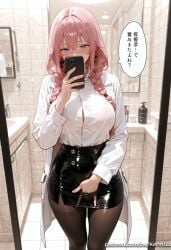 ai_generated bangs bathroom black_pantyhose black_skirt blue_eyes blush braid breasts brown_pantyhose cellphone citlali_(genshin_impact) collared_shirt dress_shirt earrings female female_masturbation genshin_impact hair_between_eyes heart heart-shaped_pupils holding holding_phone indoors jewelry kermixx large_breasts long_hair long_sleeves masturbation miniskirt mirror pantyhose pencil_skirt phone pink_hair reflection selfie shirt skirt smartphone solo standing standing_masturbation symbol-shaped_pupils twin_braids white_shirt