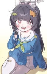 absurdres animal_ears black_hair blood blue_archive blue_dress crying dress halo hand_on_own_face highres leaf leaf_on_head long_hair looking_at_viewer miyu_(blue_archive) nosebleed open_mouth rabbit_ears red_eyes school_uniform simple_background slap_mark slap_mark_on_face thighhighs ttubbip white_thighhighs
